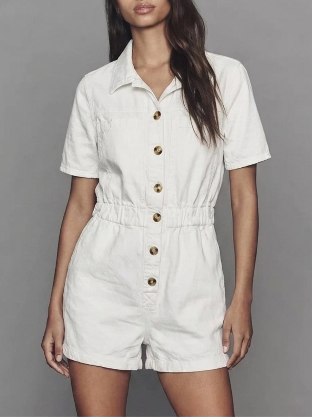 Zara White Denim Button Down Shirt Romper Size M Utility Short Sleeve Playsuit